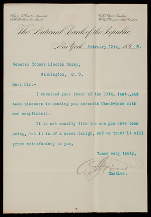 [Charles] H. Stout/National Bank of the Republic to Thomas Lincoln Casey, February 12, 1895