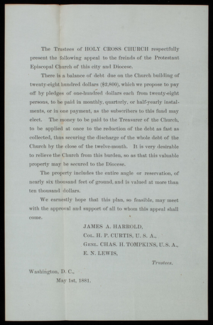 Trustees of Holy Cross Church, May 1, 1881, circular