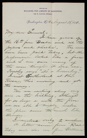 [Bernard R.] Green to Thomas Lincoln Casey, August 18, 1890