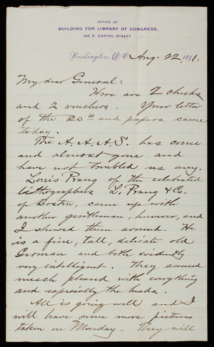 [Bernard R.] Green to Thomas Lincoln Casey, August 22, 1891