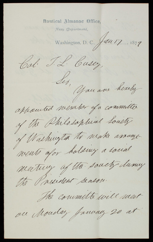 Professor S. Newcomb to Thomas Lincoln Casey, January 17, 1879