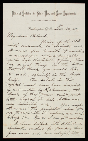 Bernard R. Green to Thomas Lincoln Casey, December 12, 1887