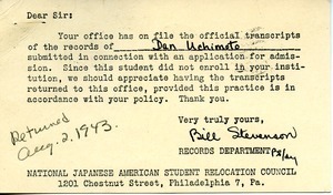Postcard from National Japanese American Student Relocation Council to Massachusetts State College