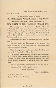 Form letter invitation for the thirty-second annual reunion of New Salem Academy.
