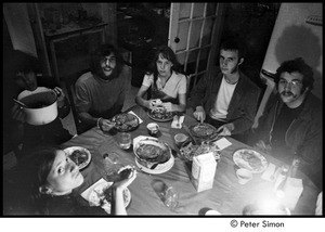 Stephen Davis (second from left), Elliot Blinder, and Harry Saxman (right) around a dinner table