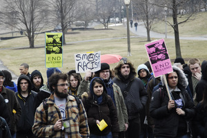 Justice for Jason rally at UMass Amherst: protesters outside the Student Union Building in support of Jason Vassell
