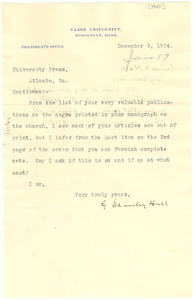 Letter from G. Stanley Hall to W. E. B. Du Bois