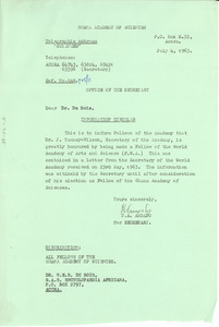 Letter from Ghana Academy of Sciences to W. E. B. Du Bois