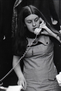 Bernadette Devlin McAliskey on the phone at the WBCN office