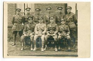 Postcard of World War I soldiers in front of building