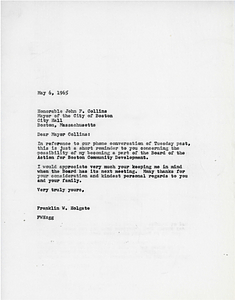 State Representative Franklin W. Holgate letter to Mayor John Collins