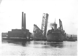 [View of the ship "Salem Maritime" passing through the Meridian Street Bridge]