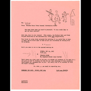 Memorandum from Freedom House Urban Renewal Information Center concerning meeting to be held May 10, 1965