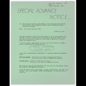 Memorandum from John Jones to the Executive Committee, all members of the Washington Park Citizens Urban Renewal Action Committee (CURAC) and the Interfaith Clergy Committee on Renewal about groundbreaking ceremonies for Marksdale Gardens and Charlame homes on October 20, 1963