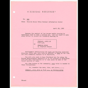 Memorandum from Freedom House Urban Renewal Information Center about meeting on April 26, 1966 to discuss low income public housing