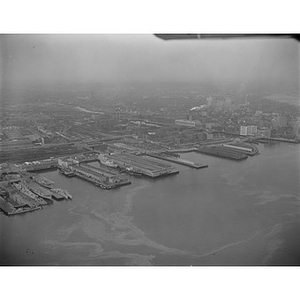 South Boston Harbor area, Fish Pier, left, Commonwealth Pier, center, various ships, Boston, MA