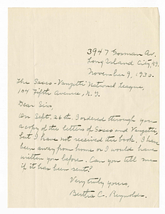 Letter from Bertha C. Reynolds to Sacco-Vanzetti National League, November 9, 1930