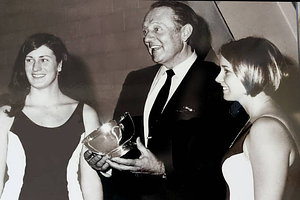 Art Linkletter and two representatives of the Swimming Team (1969)