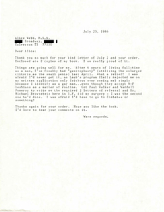 Correspondence from Lou Sullivan to Alice Webb (July 23, 1986)
