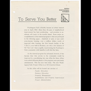 "To serve you better" Boston Redevelopment Authority newsletter on urban renewal in Washington Park