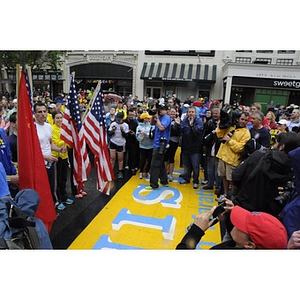 Flags at Boston Marathon finish line before "One Run" event in Boston (May 2013)