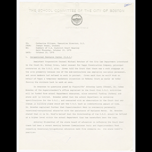 Memorandum from Joseph Hogan to Catherine Ellison about U.S. district court hearing held October 19, 1978