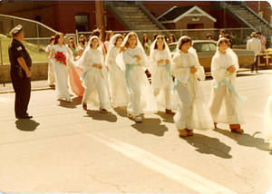 Girls in procession outside of Saint Anthony's Parish Hall