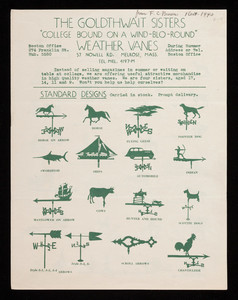 Weather vanes, Goldthwait Sisters, 57 Nowell Road, Melrose, Mass., undated