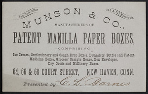 Trade card for Munson & Co., manufacturers of patent Manilla Paper Boxes, 64, 66 & 68 Court Street, New Haven, Connecticut, undated