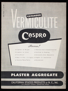 Expanded Vermiculite Caspro Plaster Aggregate, California Stucco Products of N.E., Inc. 169 Waverley Street, Cambridge, Mass.