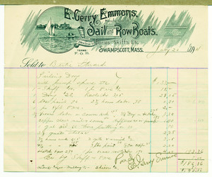 Billhead for E. Gerry Emmons, manufacturer of sail and row boats, 3 New Ocean Street, Swampscott, Mass., dated July 20, 1894