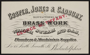 Trade card for Cooper, Jones & Cadbury, brass work, No.15 North Seventh Street, Philadelphia, Pennsylvania, undated