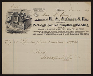 Billhead for B.A. Atkinson & Co., parlor and chamber furniture and bedding, 827 to 847 Washington and 2 to 10 Common Streets, Boston, Mass., dated December 22, 1891