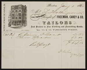 Billhead for Freeman, Carey & Co., tailors and dealers in fine clothing and furnishing goods, Nos. 155 & 157 Washington Street, Boston, Mass., dated January 1, 1866