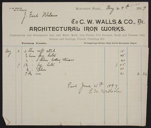 Billhead for C.W. Walls & Co., Dr., architectural iron works, 44 Lagrange Street, Worcester, Mass., dated May 29, 1897