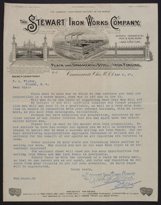 Letterhead for The Steward Iron Works Company, manufacturers of plain and ornamental steel and iron fencing, Cincinnati, Ohio, dated April 9, 1907