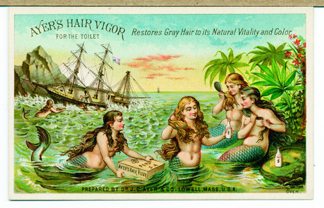 Trade card advertising Ayer's Hair Vigor with shipwreck and mermaids, Lowell, Mass., undated