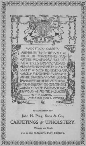 Advertisement for carpeting and upholstery, John H. Pray, Sons & Co., 646-658 Washington St., Boston, Mass., undated