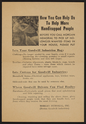How you can help us to help more handicapped people, Morgan Memorial, Inc., Boston, Mass., undated