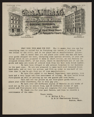 Letterhead for Chas. A. Millen & Co., mouldings, wood mantels, 11 & 12 Charlestown and 14 to 30 Beverly Streets, Boston, Mass., undated
