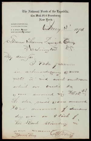 Charles H. Stout/National Bank of the Republic to Thomas Lincoln Casey, January 3, 1894