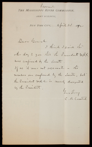 [Cyrus] B. Comstock to Thomas Lincoln Casey, April 21, 1892