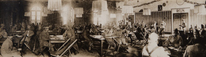 Panoramic view of soldiers inside a canteen