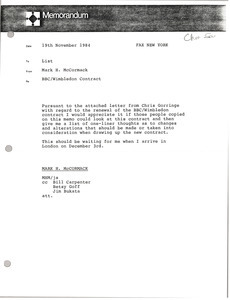 Memorandum from Mark H. McCormack concerning the BBC / Wimbledon Contract