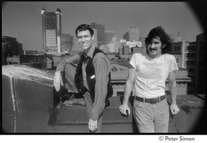 Managers on the roof of the Erewhon Food Coop warehouse, Farnsworth Street, with the Boston skyline in the background (at left may be Tyler Smith, President of Erewhon)