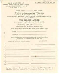 American Nobel Anniversary Committee dinner reservation form