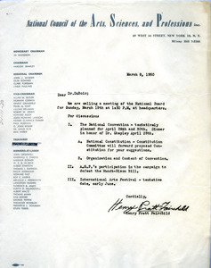 Letter from National Council of the Arts, Sciences, and Professions to W. E. B. Du Bois