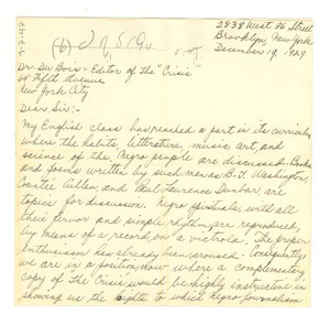 Letter from Sol Surowitz to W. E. B. Du Bois