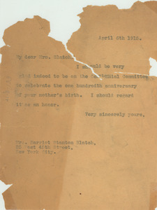 Letter from W. E. B. Du Bois to Harriot Stanton Blatch