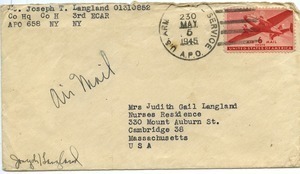 Envelope from Joseph Langland to Judith G. Wood Langland